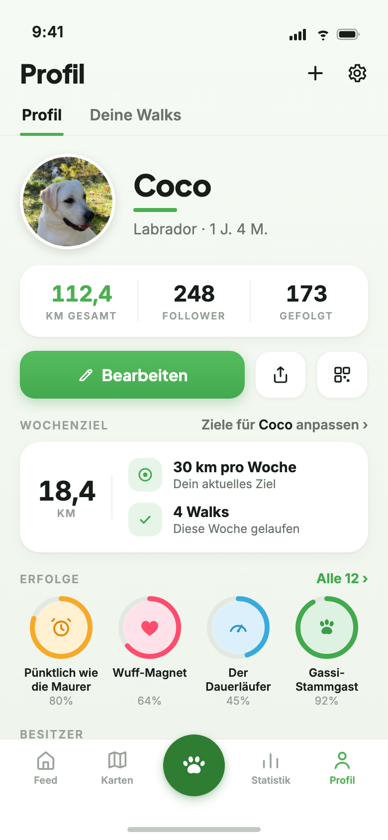 Barnaby Profil: Coco der Labrador mit Gesamt-Kilometern, Followern und Erfolgen