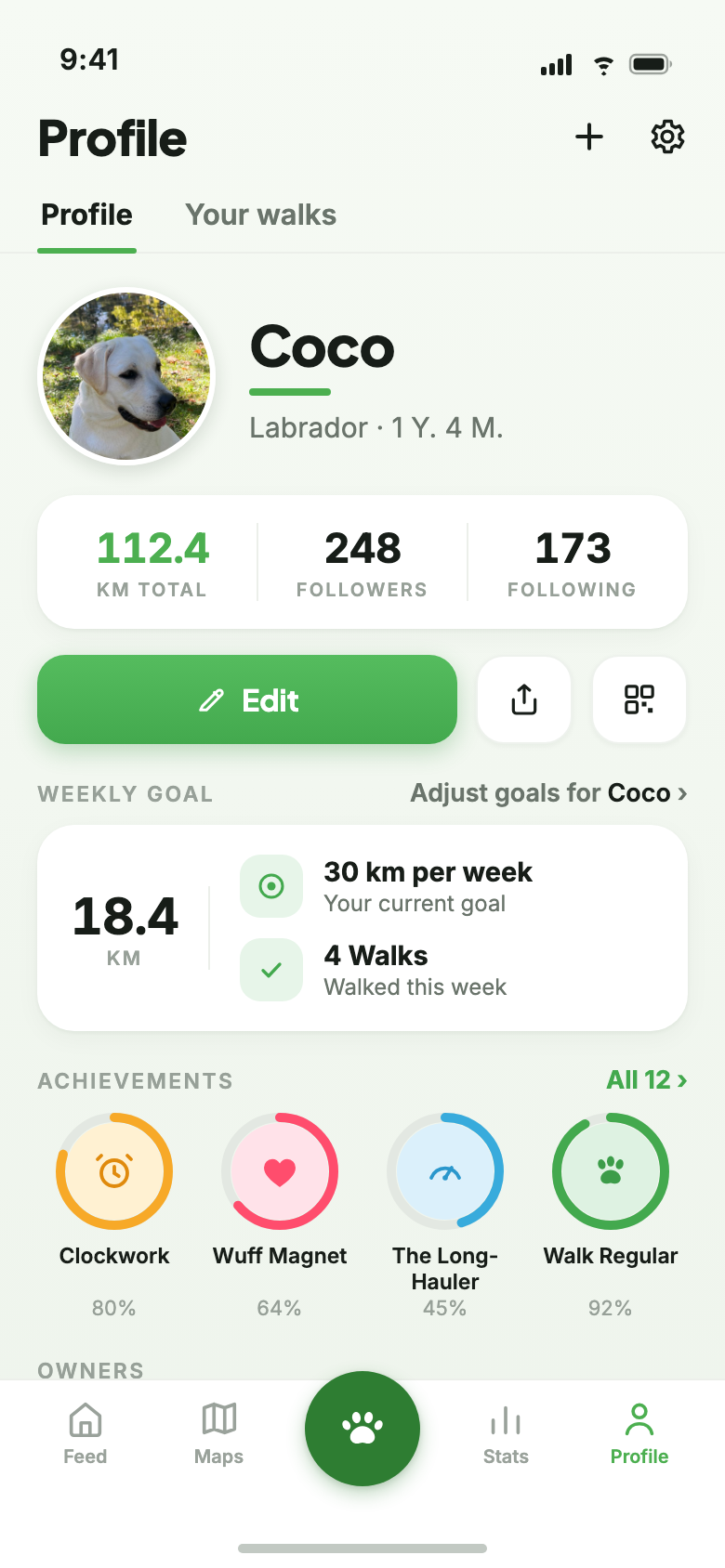Barnaby profile: Coco the Labrador with total kilometres, followers and achievements