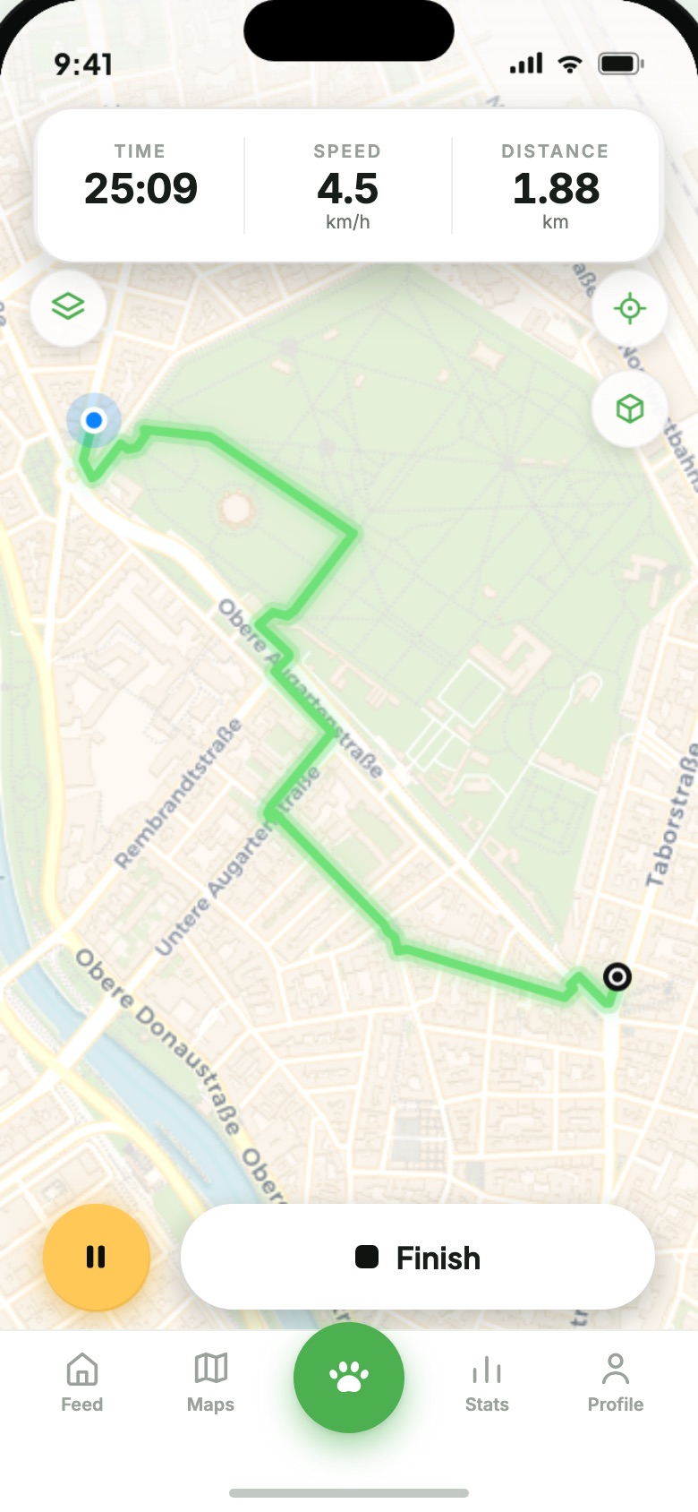 Barnaby: map view with a large start button for a new walk