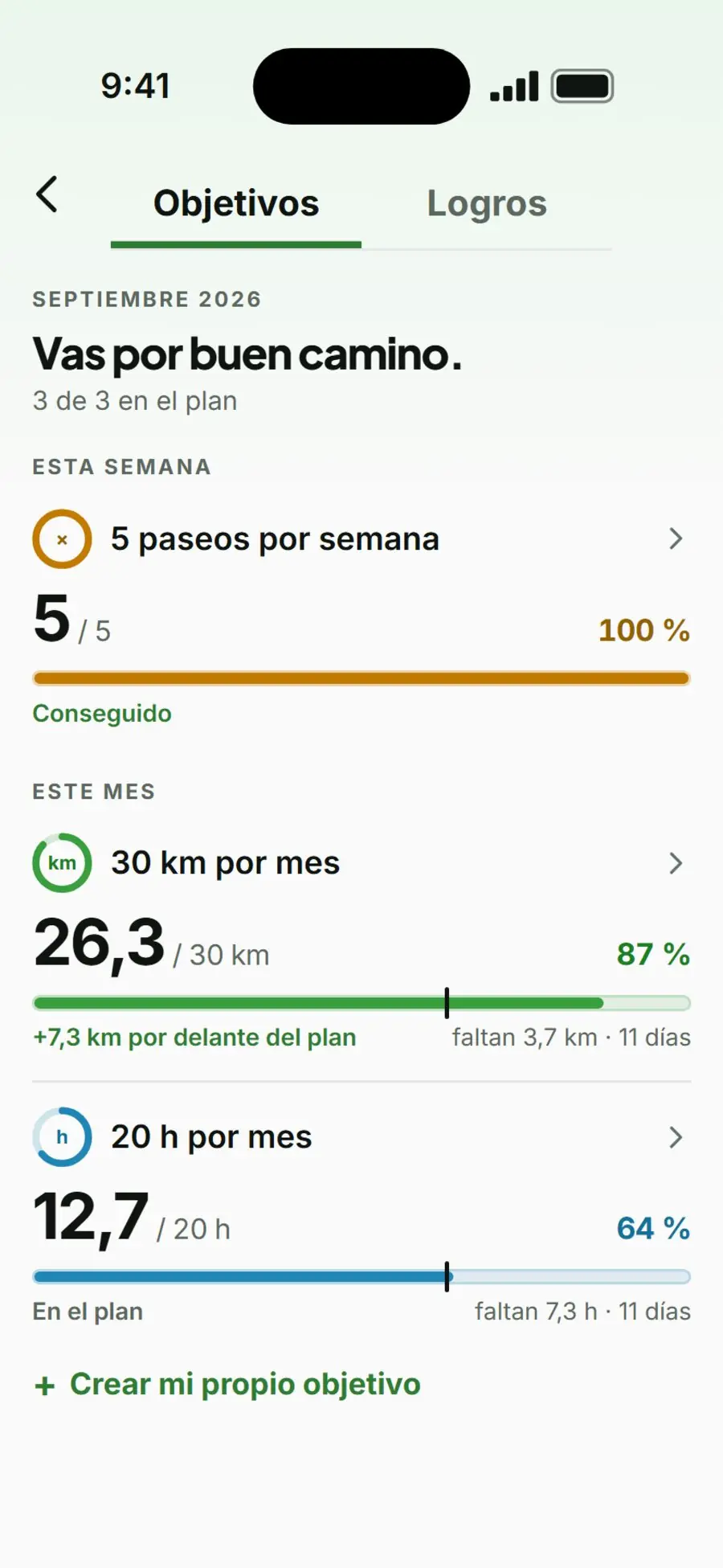 Objetivos de barnaby: metas semanales y mensuales con barras de progreso